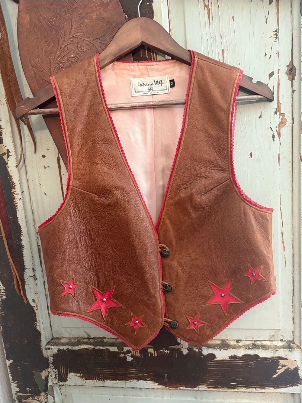 Patricia Wells Brown Leather Vest with Pink Star Details